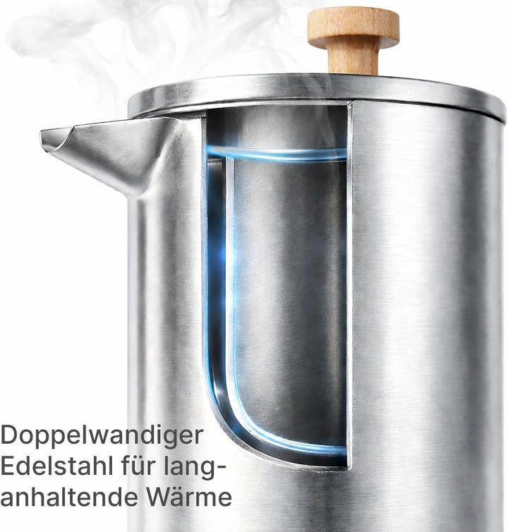 Buntfink French Press Thermo 1 Liter aus Edelstahl und Holz | Kaffeebereiter doppelwandig isoliert |