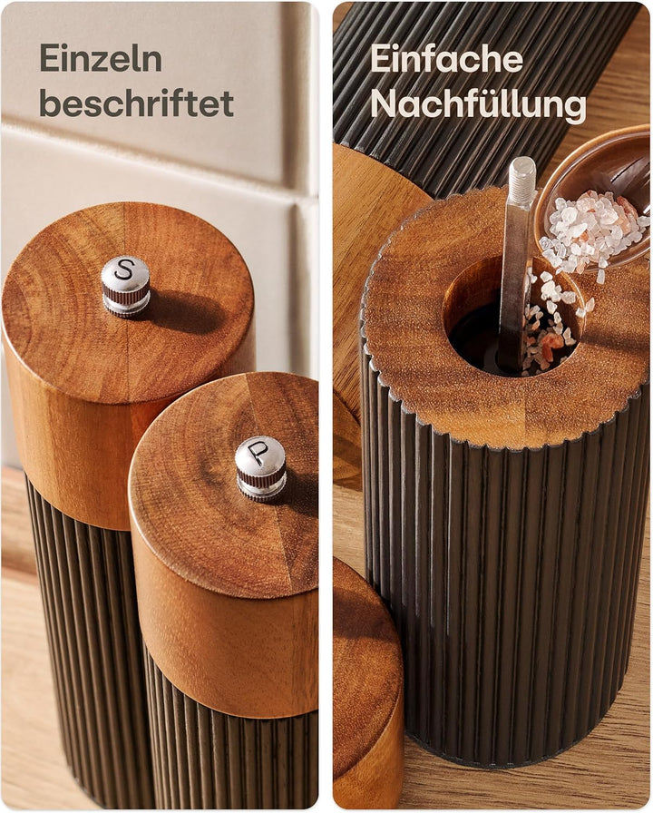 Praknu Salz & Pfeffermühle FSC® Holz der Akazie Set – mit Keramikmahlwerk – Stufenlos Einstellbar &