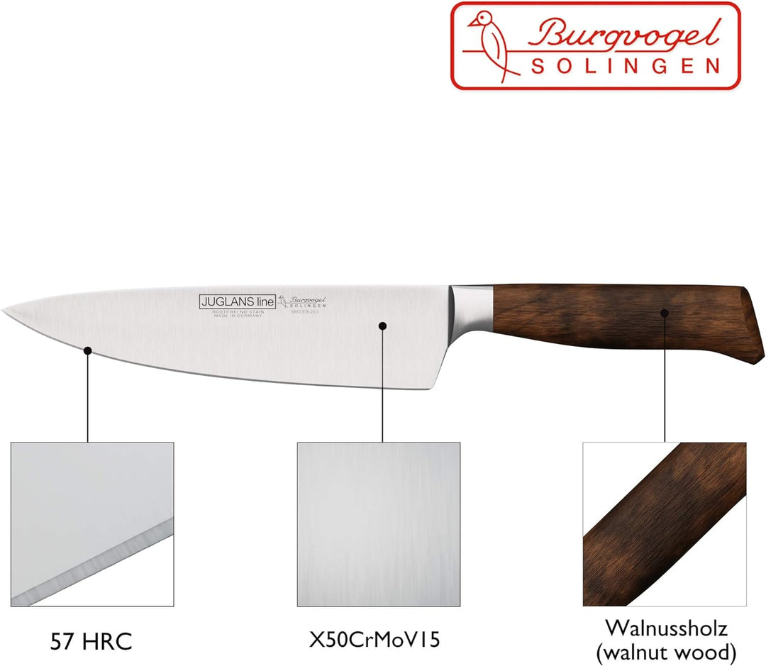 Burgvogel Solingen Juglans Line Kochmesser Walnussholz 20 cm, rostfrei, Küchenmesser scharf geschmie