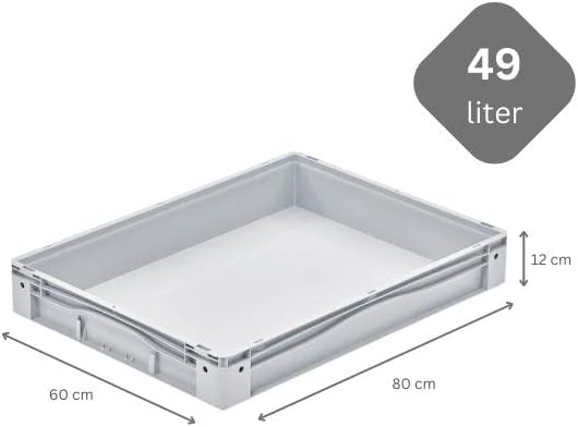 PROREGAL Euro-Norm Grossbehälter | HxBxT 12x60x80cm | 49 Liter | Glatter Boden | Grau | Eurobehälter