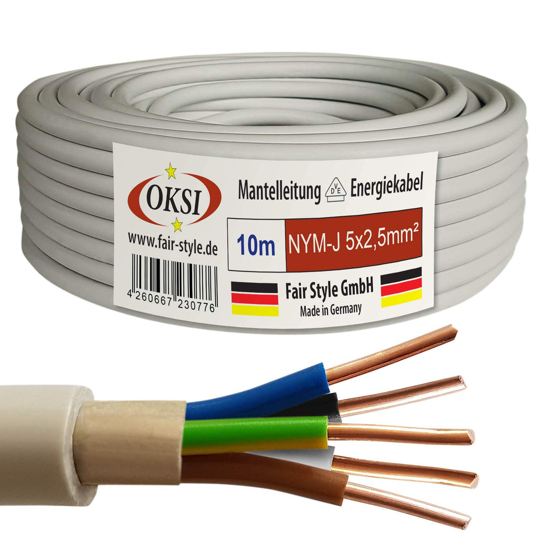 OKSI 10m NYM-J 5x2,5 mm² Mantelleitung Feuchtraumkabel Elektrokabel Kupfer Made in Germany, 10m NYM-