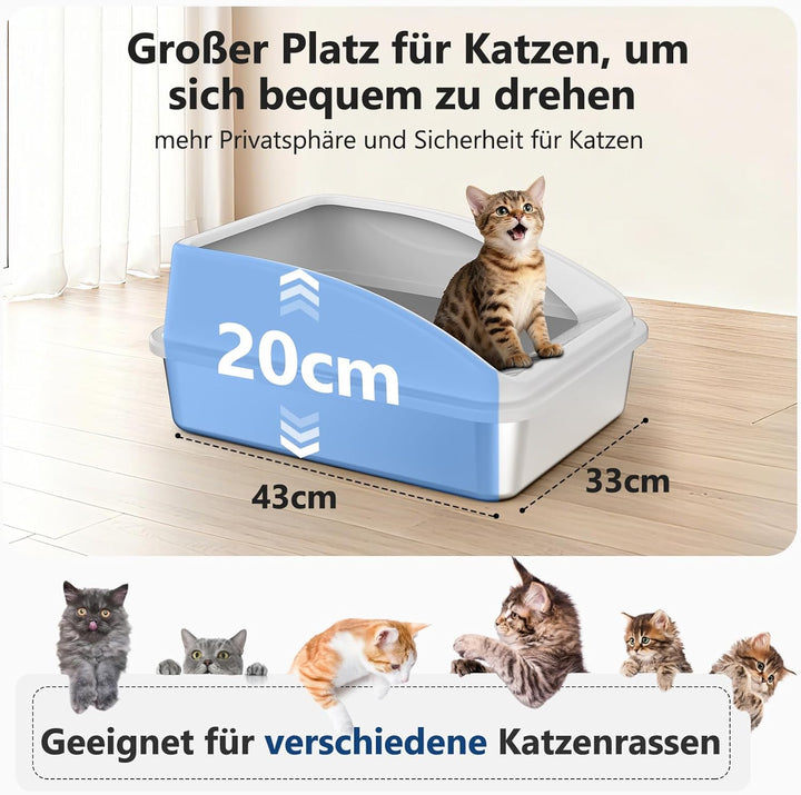 FURTIME Katzenklo Edelstahl, Katzentoilette Edelstahl 18L mit Schaufel, Katzenklo Metall mit Hochwan