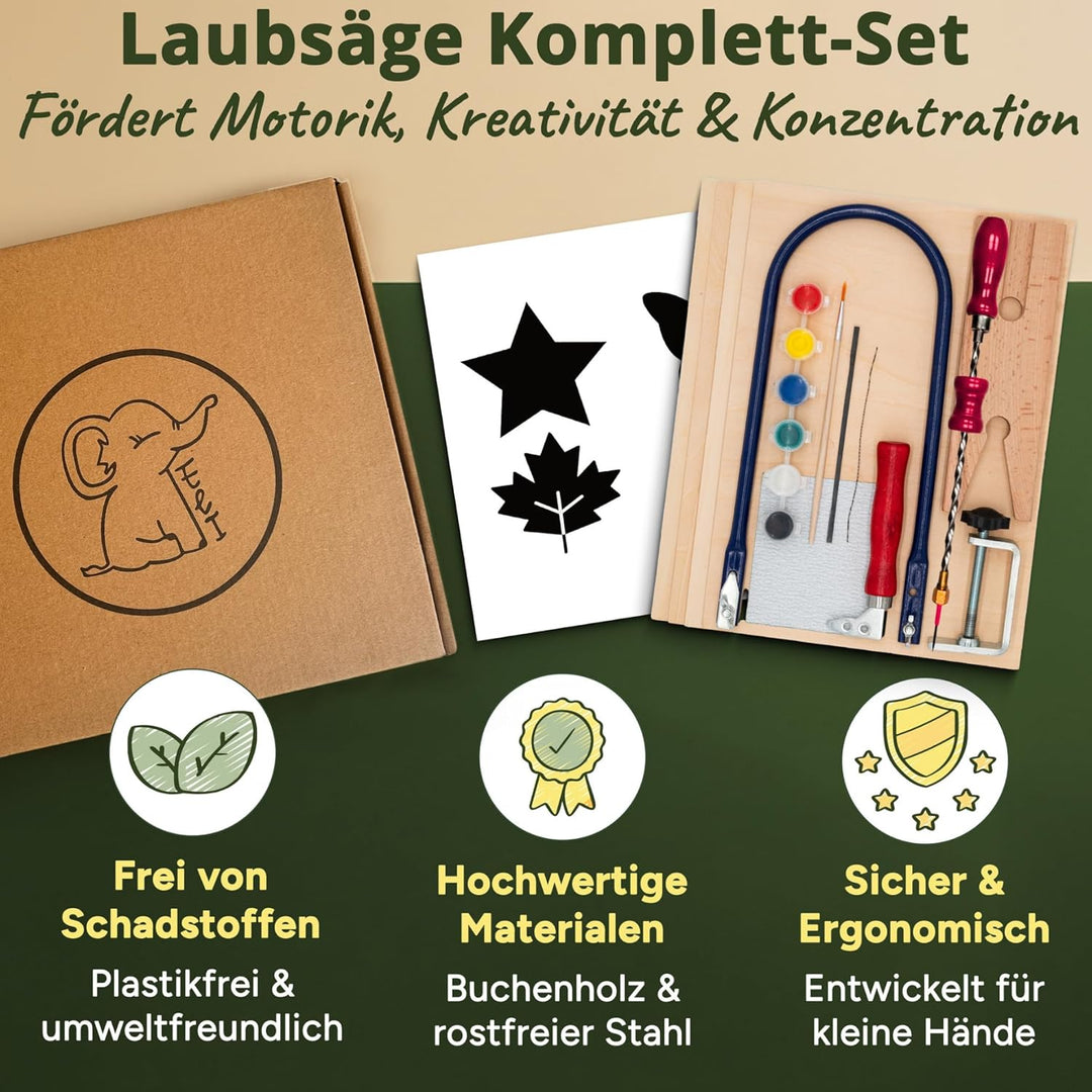 Eli® Laubsäge für Kinder inkl. Handbohrer- Komplett Set für Laubsägen inkl kreative Vorlagen - Laubs
