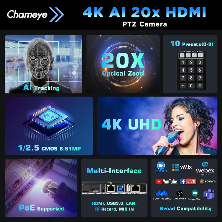Chameye 4K PTZ Kamera mit KI-Auto-Tracking 20x Optischer Zoom, Konferenzkamera 4K mit HDMI, LAN(PoE)