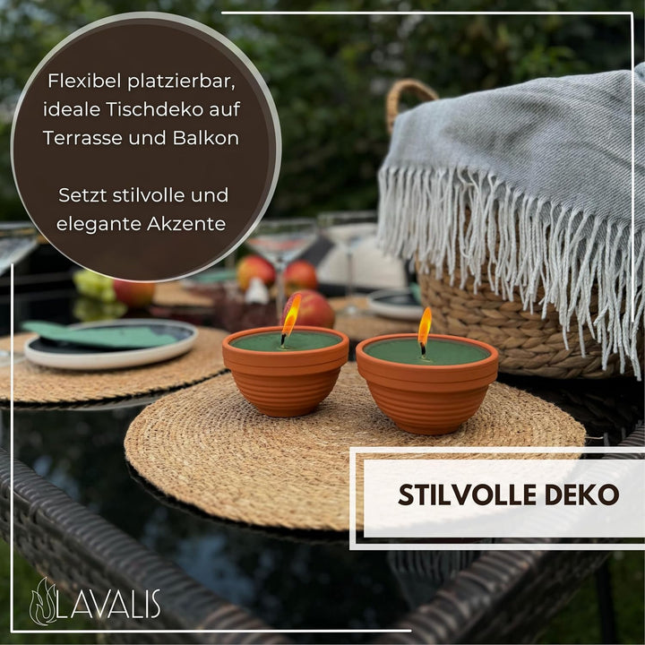 Lavalis 2x Outdoor Kerze, handbefüllte Terrakotta-Kerzen aus recyceltem Wachs, 20h Brenndauer, 5cm F