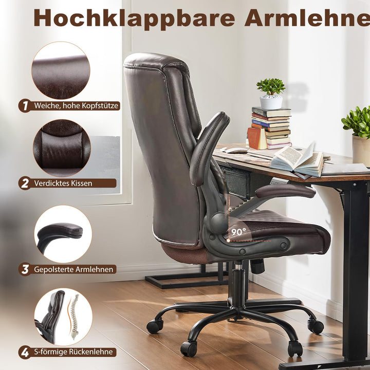 DUMOS Bürostuhl Pu-Leder Chefsessel mit Hochklappbaren Armlehnen Bürostuhle Leder mit Drehbaren Räde