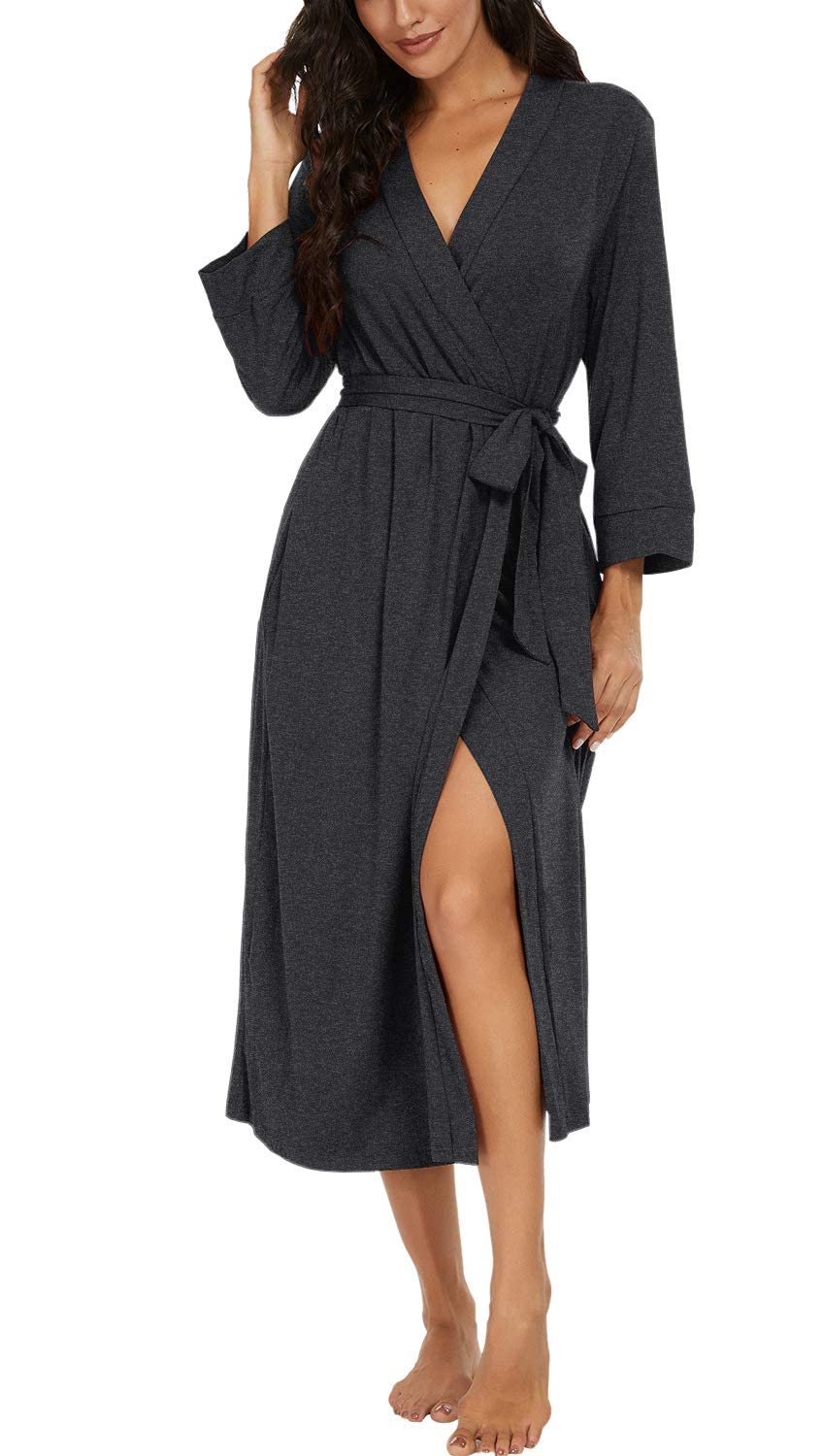 PrinStory Damen Bademantel Leichter 3/4 Ärmeln Morgenmantel V-Ausschnitt Kimono Roben Langes Nachtwä