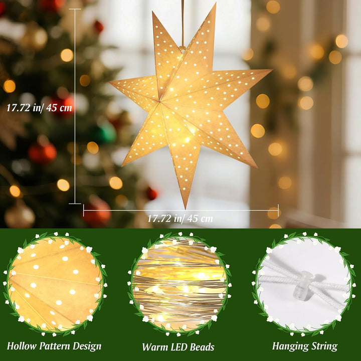 Lewondr Weihnachts Papier Stern Laternen 3PCS, Hängende 7-Zackige Stern Lichter Mit Ausgestanzten Pu