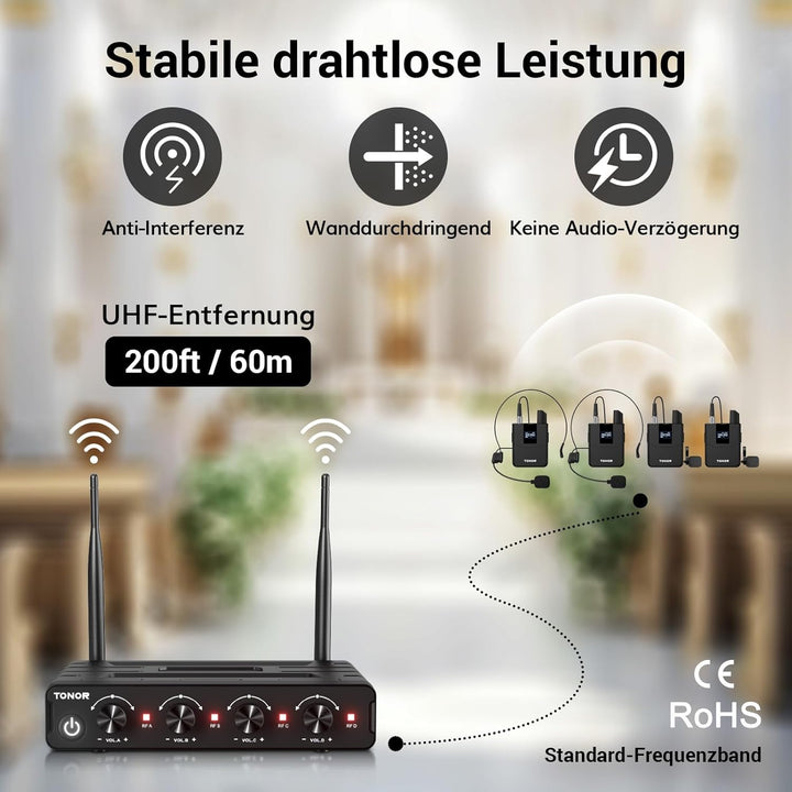 TONOR UHF Mikrofon Kabellos Set mit 4 Bodypack Transmitter/Headset/Lavalier Wireless Microphone, 4x5