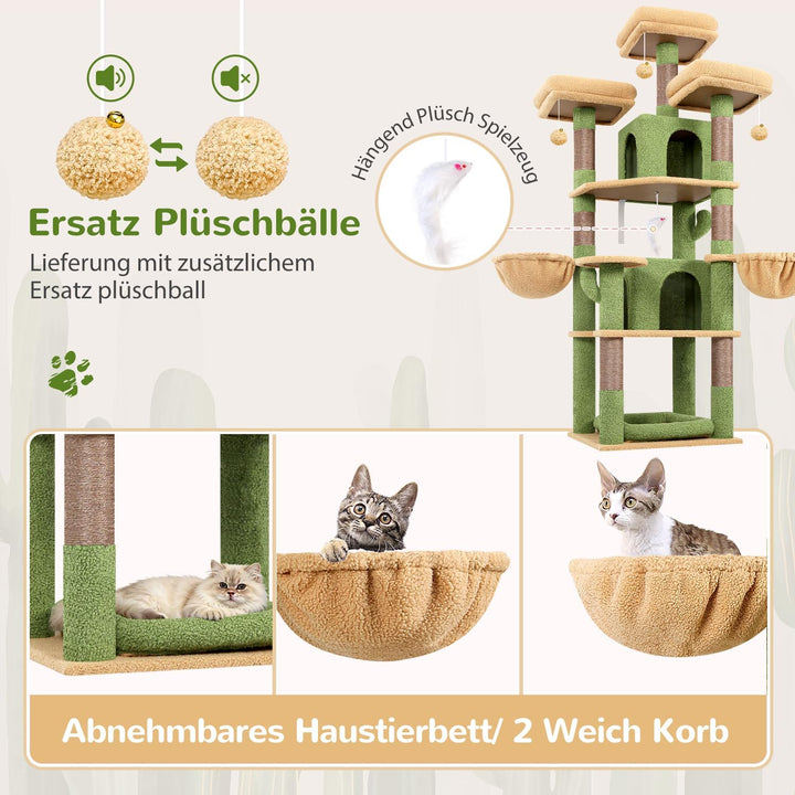 Globlazer Kratzbaum Grün Kaktus Stabil 174 cm mit 3 Gepolsterte Sitzstangen, 2 Katzenhaus, 2 Korb, A