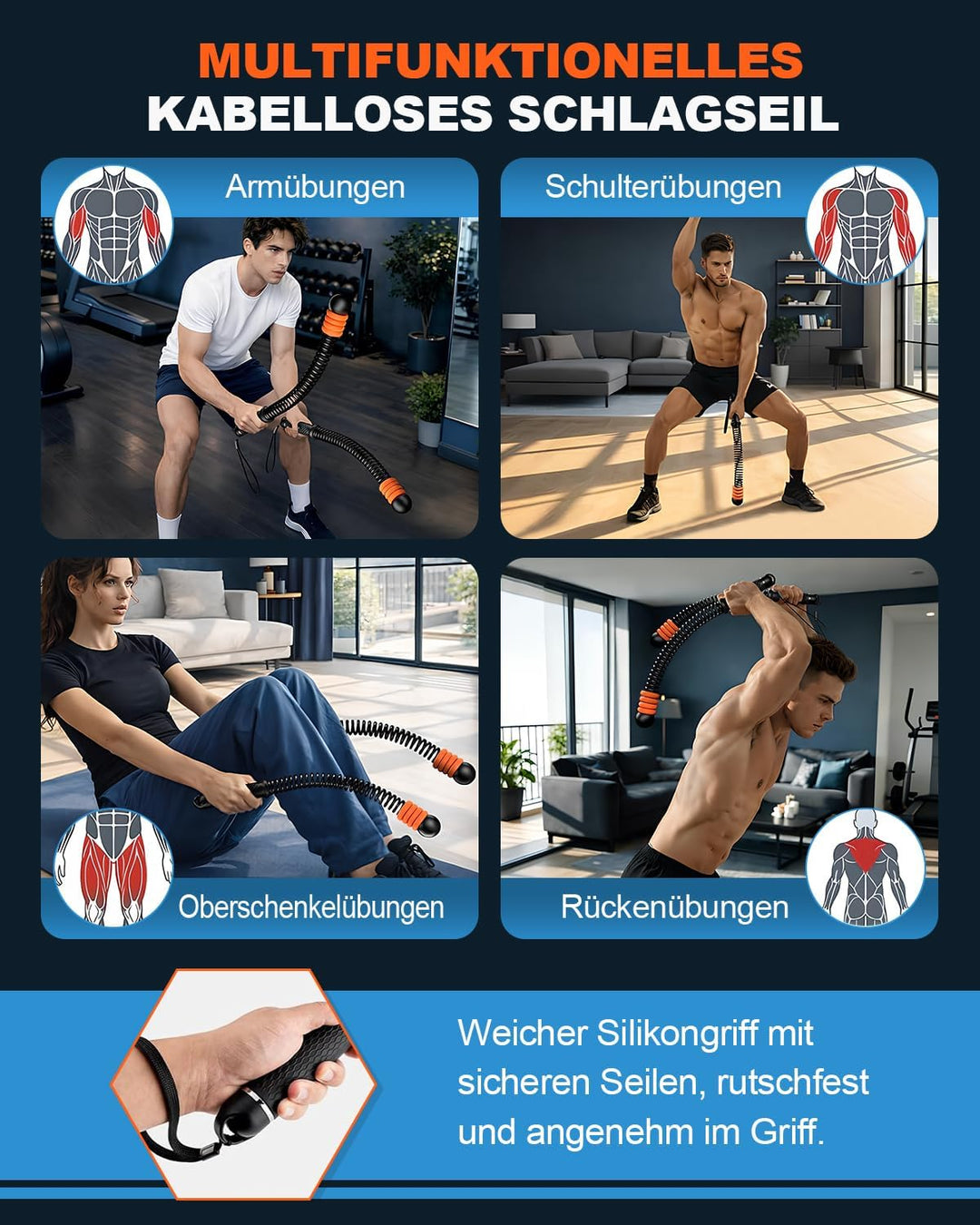 Battle Ropes Ropeless, Battle Rope ohne Seil, mit 8 einstellbaren Widerstandsfedern und Aufbewahrung