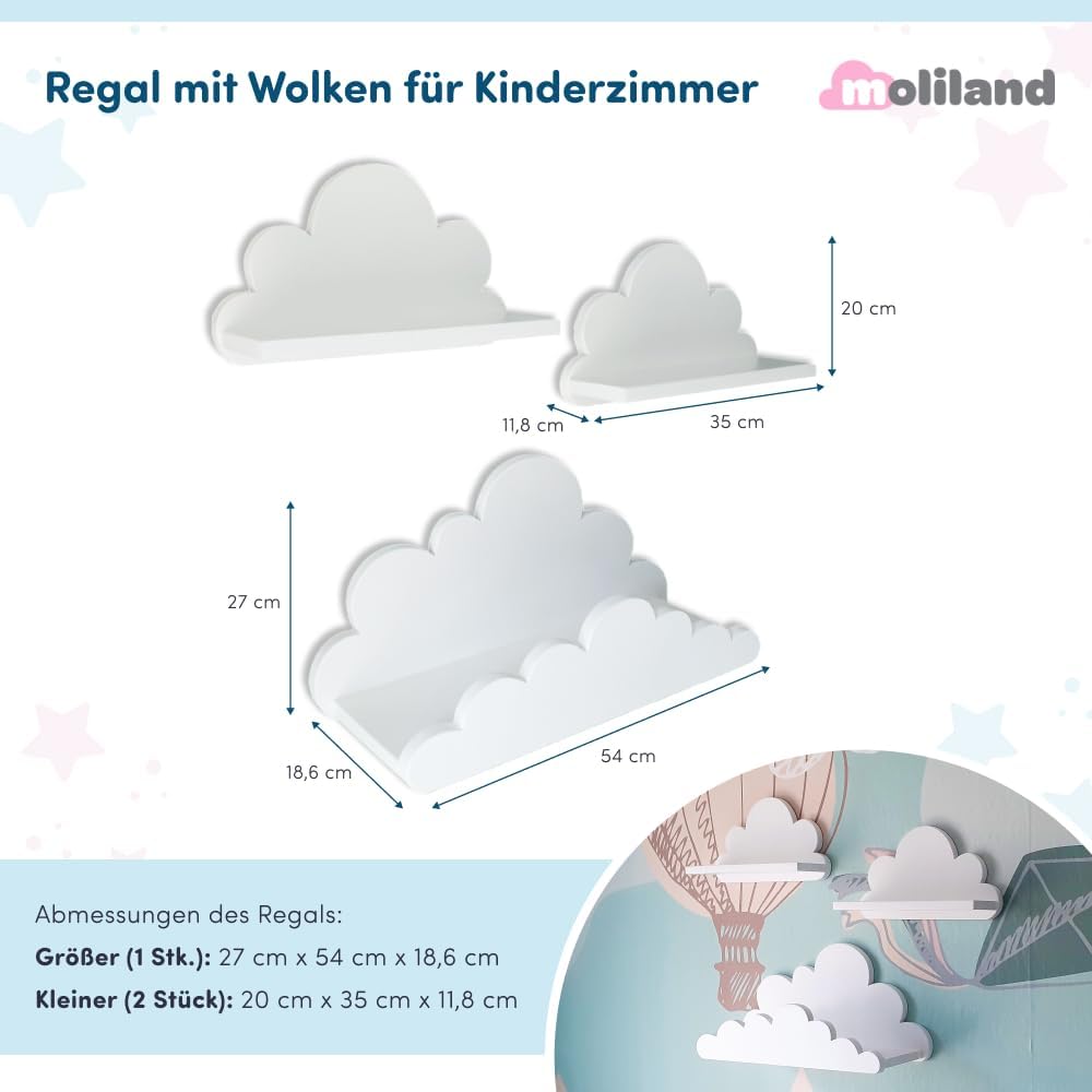 3er Set Wandregal Kinderzimmer Weiss | Babyzimmer Wolkenregal für Bücher, Spielzeug, Dekoration | Re