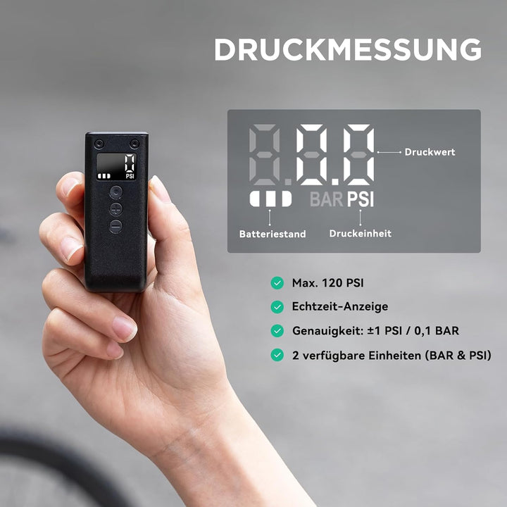 CYCPLUS AS2Pro Tiny Elektrofahrradpumpe, 120g, Aluminiumgehäuse | 120PSI, Auto-Stopp, Druckanzeige,