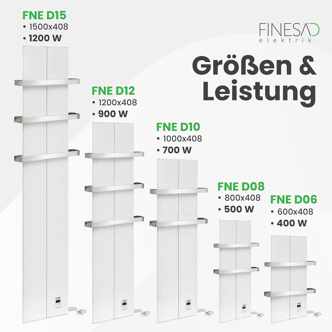 Finesa-D Badheizkörper elektrisch mit Thermostat 1500×408 mm | 1200 W – Flacher Paneel Design Handtu