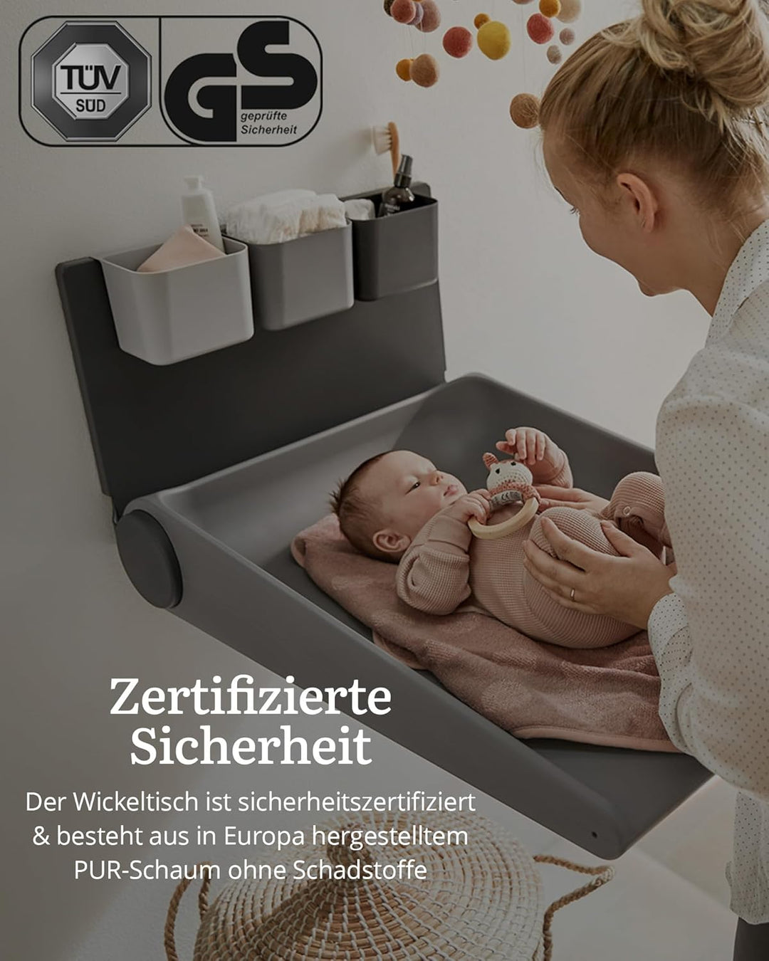 Leander Wally™-Wandwickeltisch Dusty Grey - Klappbare Wickelkommode für Wandmontage - Wickeltisch Or