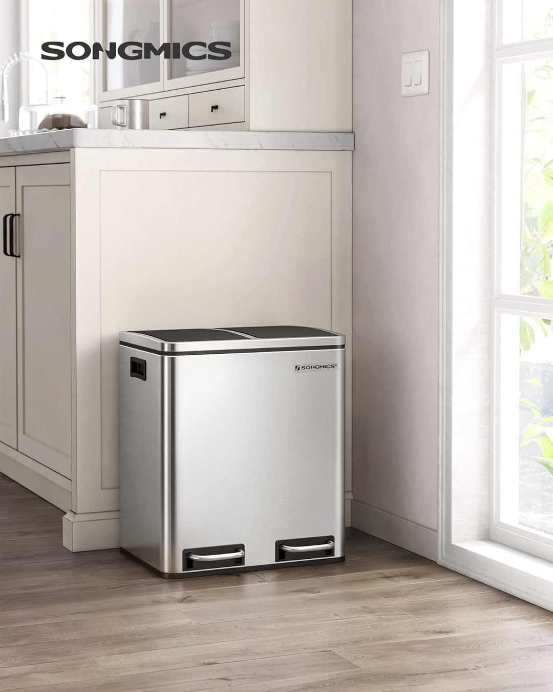 SONGMICS Mülleimer Küche, 2 x 15 L, Mülltrennsystem, Abfalleimer aus Metall, Treteimer mit Inneneime