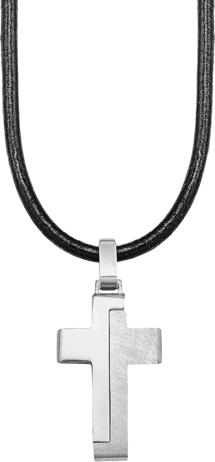 s.Oliver Kette mit Anhänger Edelstahl Leder Jungen Kinder Halsschmuck, 40+3 cm, Schwarz, Kreuz, Komm