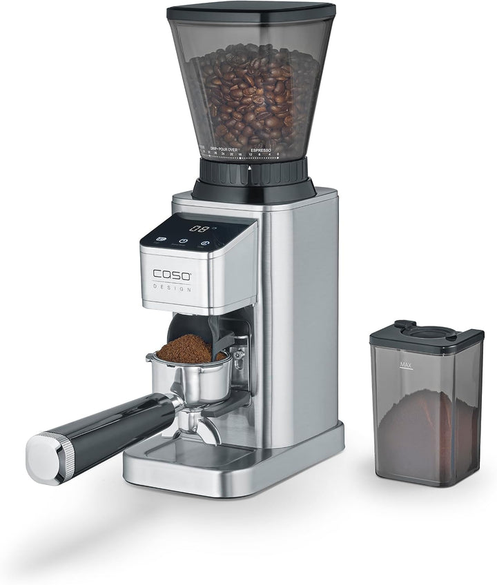 CASO BaristaChef Inox - elektrische Kaffeemühle, langlebiges Edelstahl-Kegelmahlwerk, mit Siebträger
