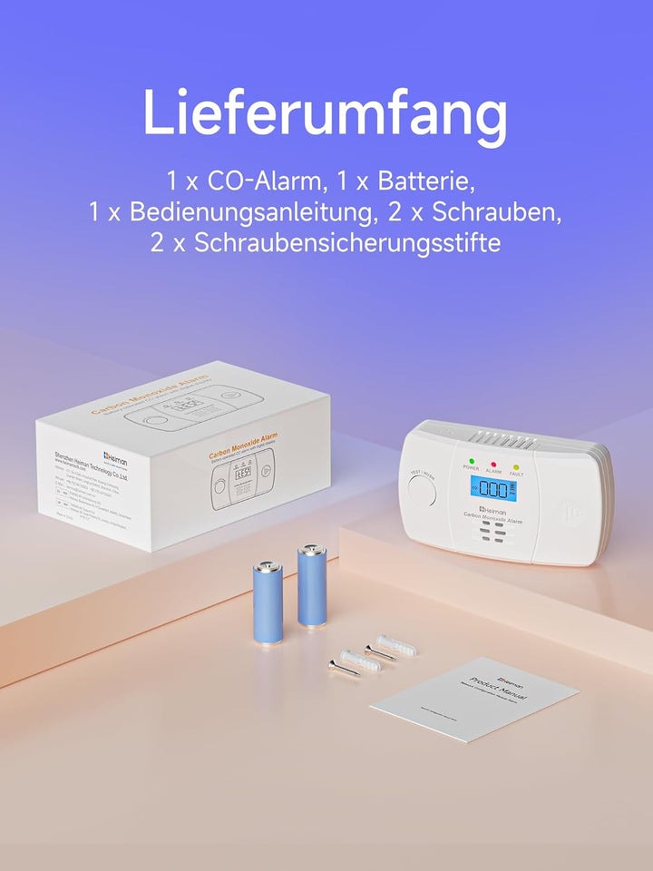 Heiman CO Melder mit Digitalanzeige, BSI Zertifiziert nach EN 50291,Kohlenmonoxidmelder, 10-Jahren L