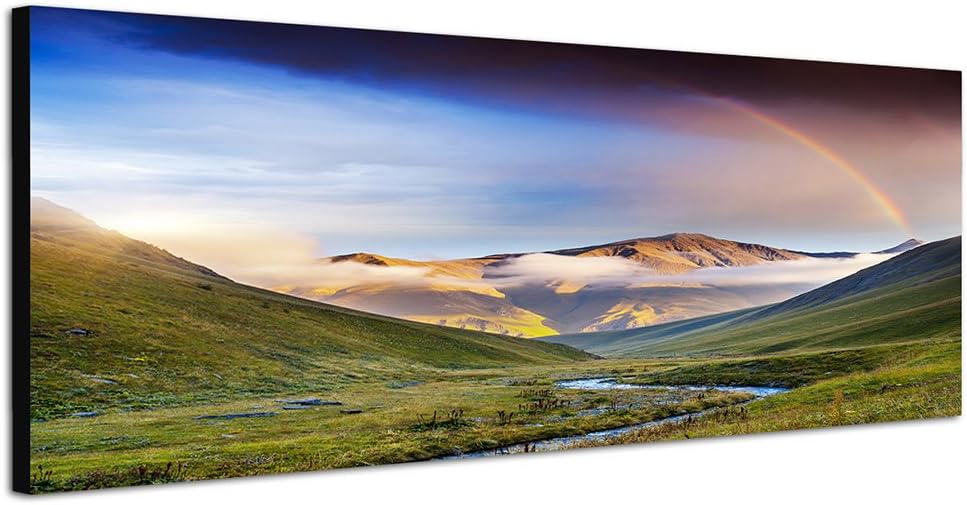Paul Sinus Art Panoramabild auf Leinwand und Keilrahmen 150x50cm Georgien Berge Wiesen Fluss Wolkens