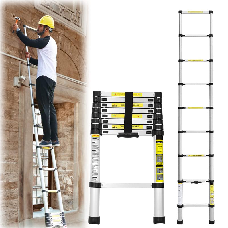 Randaco Aluminium Teleskopleiter, 2,6M Rutschfester Aluleiter Schiebeleiter Sprossenleiter, Ausziehl