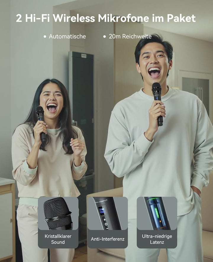 GKD60 Karaoke Maschine mit 2 Mikrofonen 4-13 Stunden Akkulaufzeit Karaoke Anlage 500W Spitzenleistun