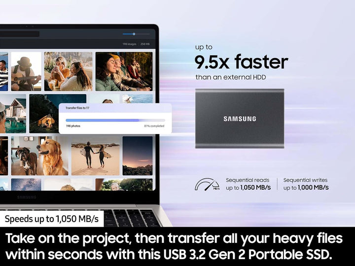 SAMSUNG T7 tragbare SSD, 2 TB externes Solid-State-Laufwerk, Geschwindigkeiten bis zu 1.050 MB/s, US