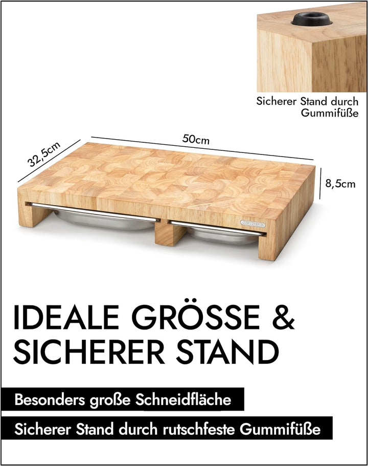 CONTINENTA Schneidebrett Mit 3 Auffangschalen | Holzbrett Mit Hitzebeständigem Edelstahl-Tablett | A