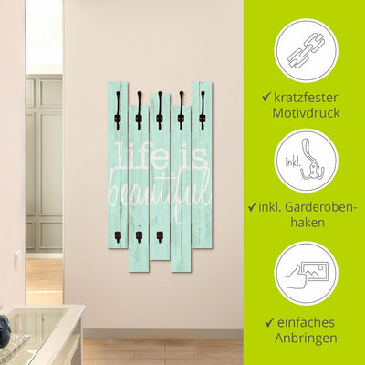 ARTLAND Wandgarderobe Holz mit 8 Haken 63x114 cm Design Garderobe Paneel mit Motiv Landhausstil Shab