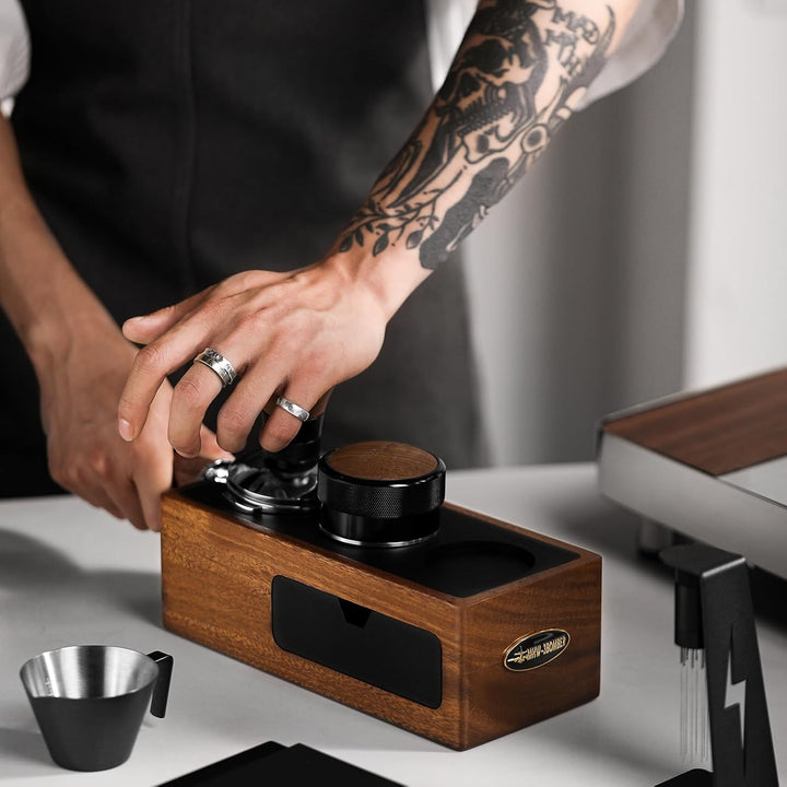 MHW-3BOMBER Espresso-Tampingstation, 4-in-1 Walnuss-Espresso-Organizer-Box mit magnetischer Schublad
