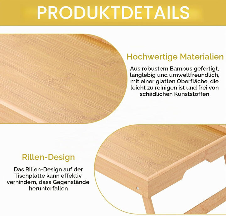 LEKEFETO Betttablett Bambus mit Klappbaren Beinen, Serviertablett für Frühstück im Bett, Frühstückst