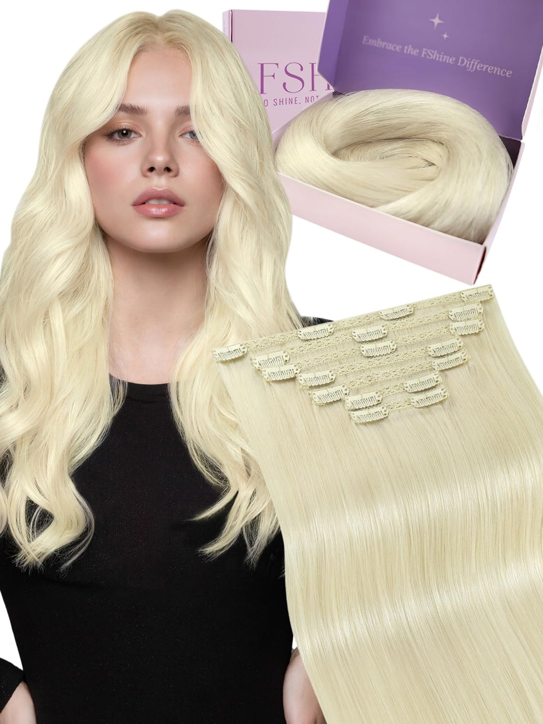 Fshine Echthaar Extensions Clip Weisse Blondine 40cm/16zoll Remy Haarverlängerung Echthaar Clip 120g
