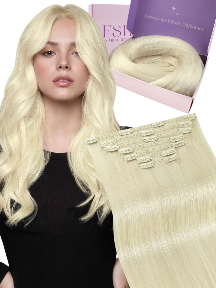 Fshine Echthaar Extensions Clip Weisse Blondine 40cm/16zoll Remy Haarverlängerung Echthaar Clip 120g
