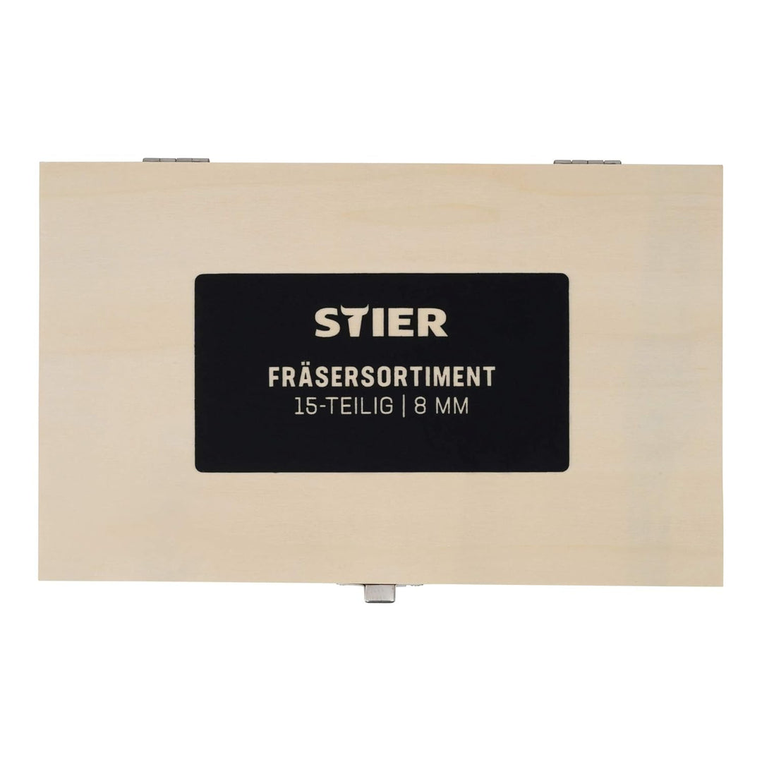 STIER Fräsersortiment, 15-teilig, 8 mm, Holzfräser, Fräser für Oberfräsen, Fräser Set Fräser Set 15