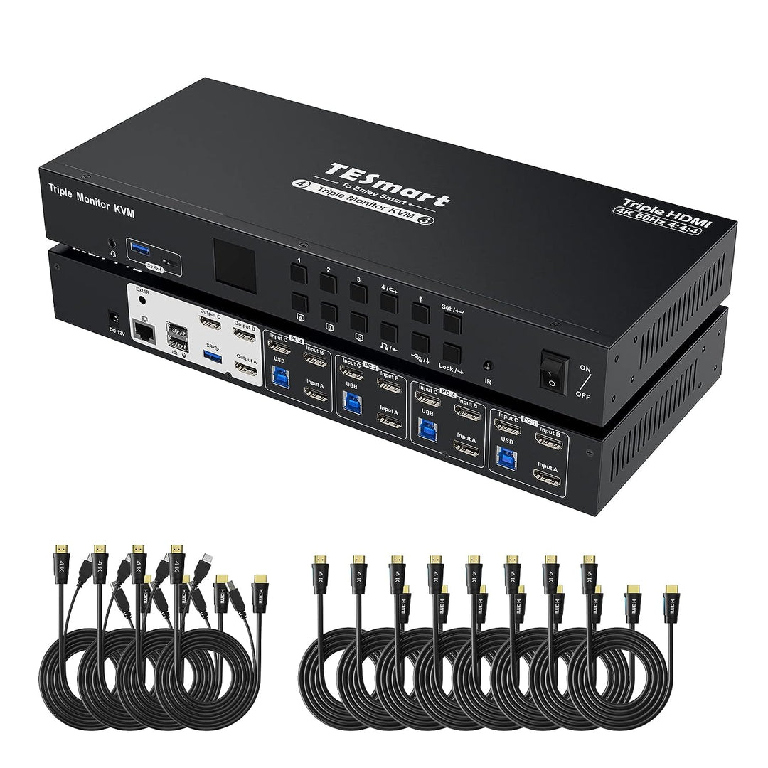 TESmart USB 3.0 HDMI KVM Switch 3 Monitore 4 PC, KVM Umschalter mit EDID Emulators, 4K60Hz, Hotkey-S