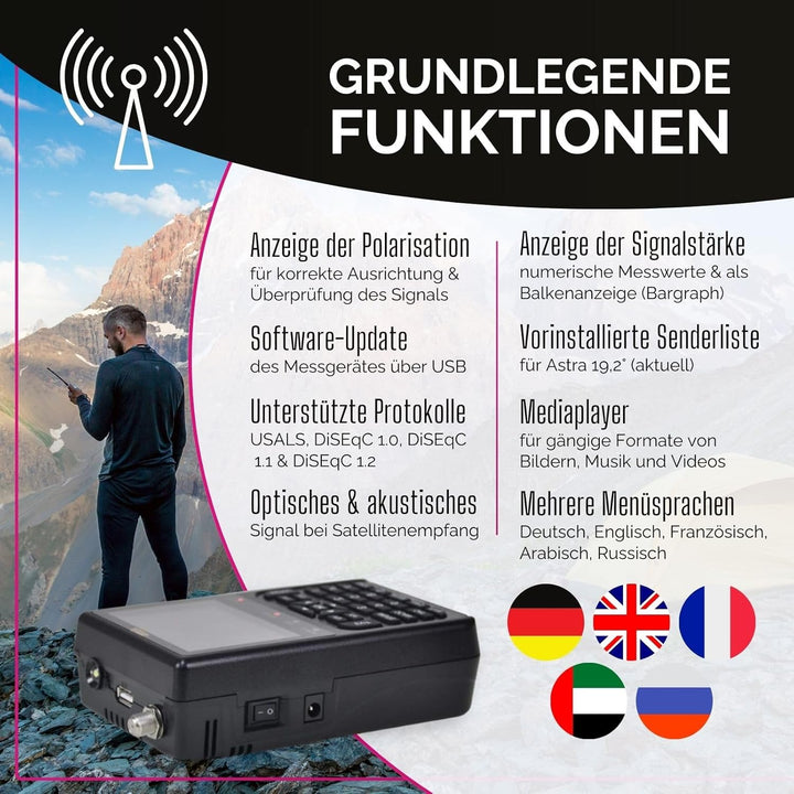 Summit SM 201HD Satelliten Messgerät I Sat Finder für DVB-S/S2 I Digitales Messgerät mit 3,5" TFT LC
