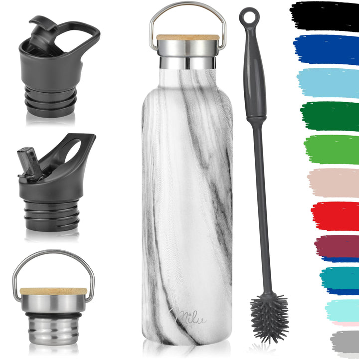 Milu Edelstahl Trinkflasche 500ml, 750ml, 1000ml (+3 Deckel) - Thermosflasche mit Strohhalm, Isolier