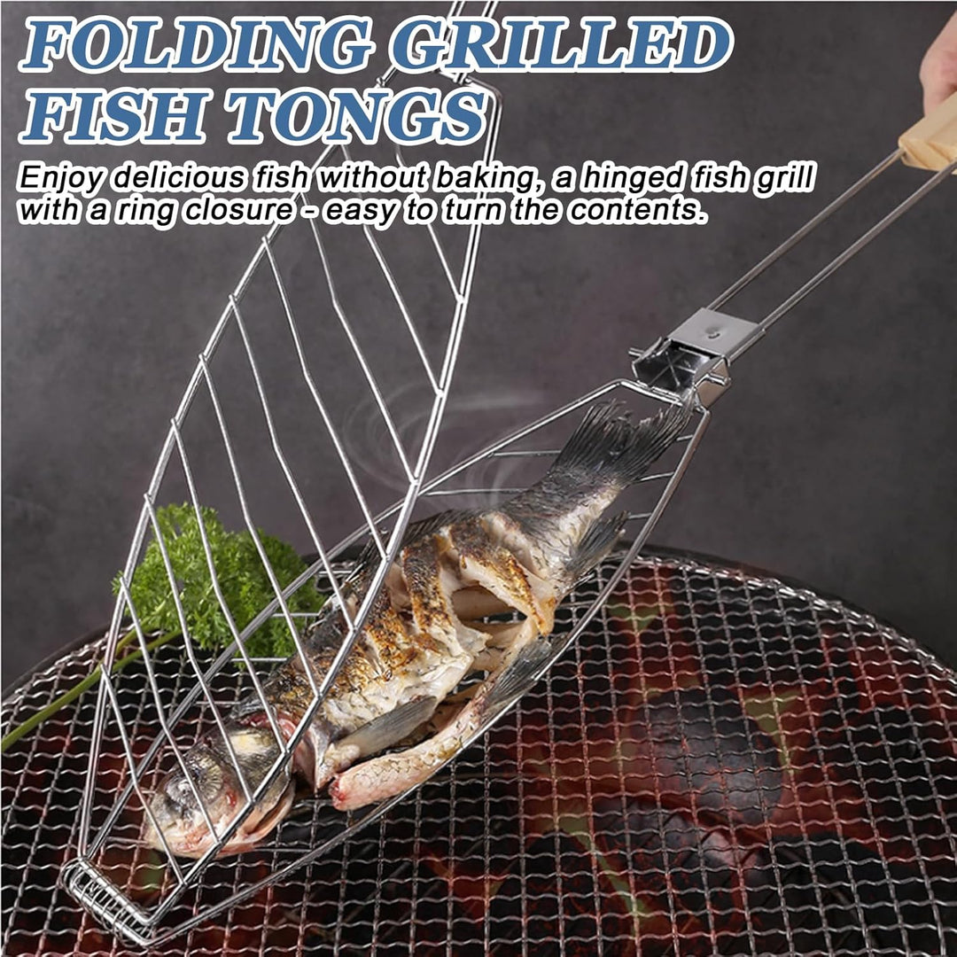 Fisch Grillhalter mit Holzgriff 4er, 63x12cm Grosse Fischbräter Fischgriller mit Griff, Edelstahl Gr