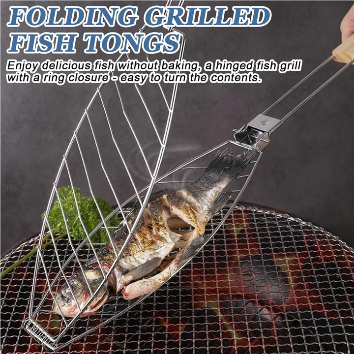 Fisch Grillhalter mit Holzgriff 4er, 63x12cm Grosse Fischbräter Fischgriller mit Griff, Edelstahl Gr