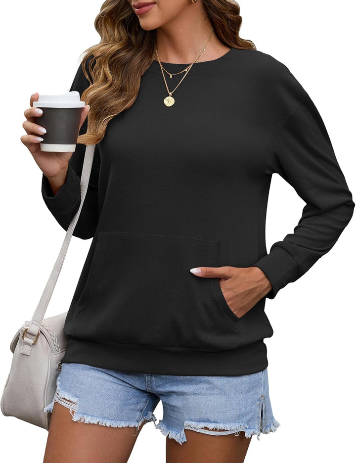 WNEEDU Damen Langarmshirts Lässige Sweatshirts mit Taschen Schwarz S, Schwarz S