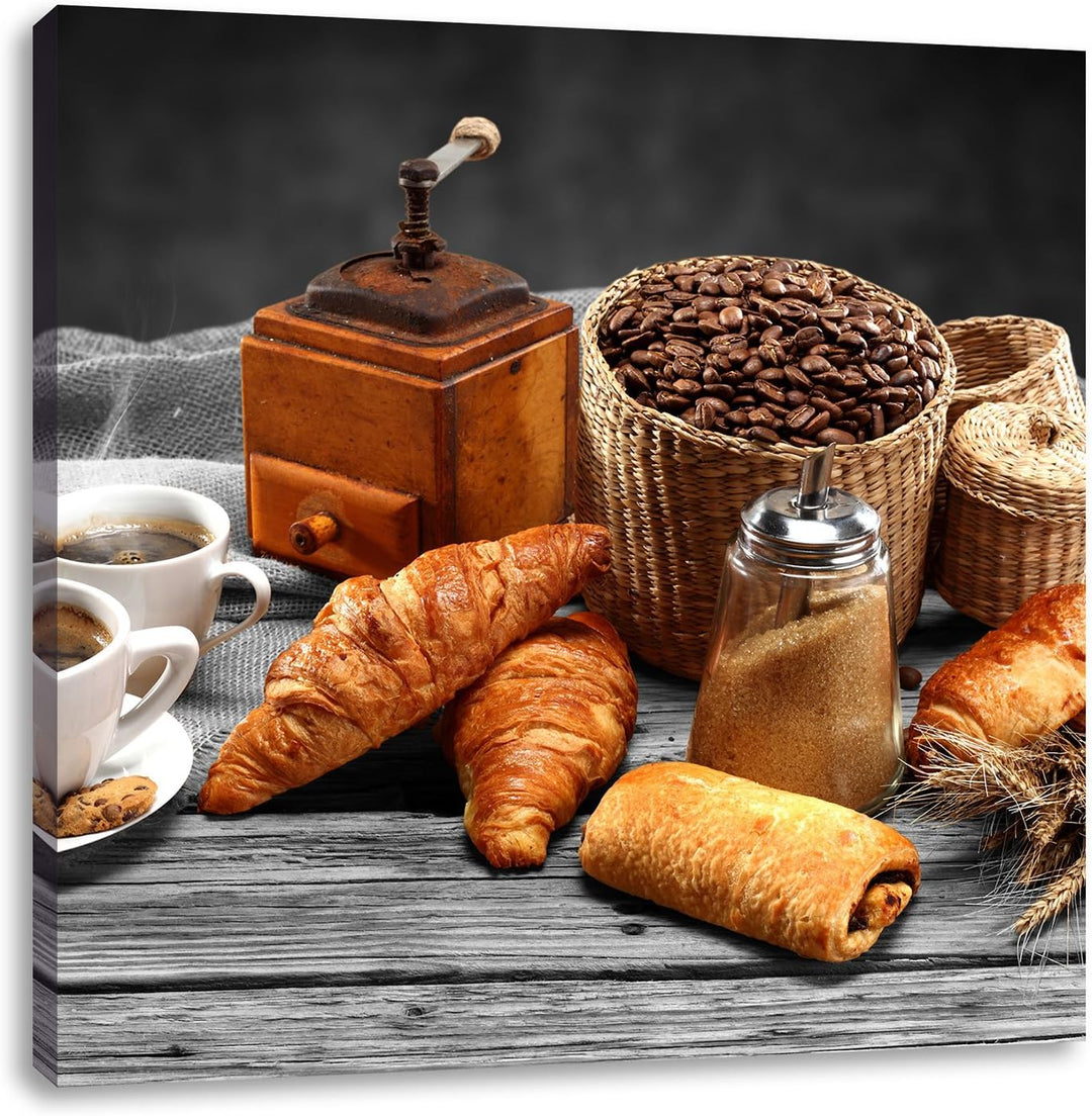 Pixxprint Aromatischer Kaffee mit Croissant als Leinwandbild/Grösse: 70x70 cm/Wandbild/Kunstdruck/fe