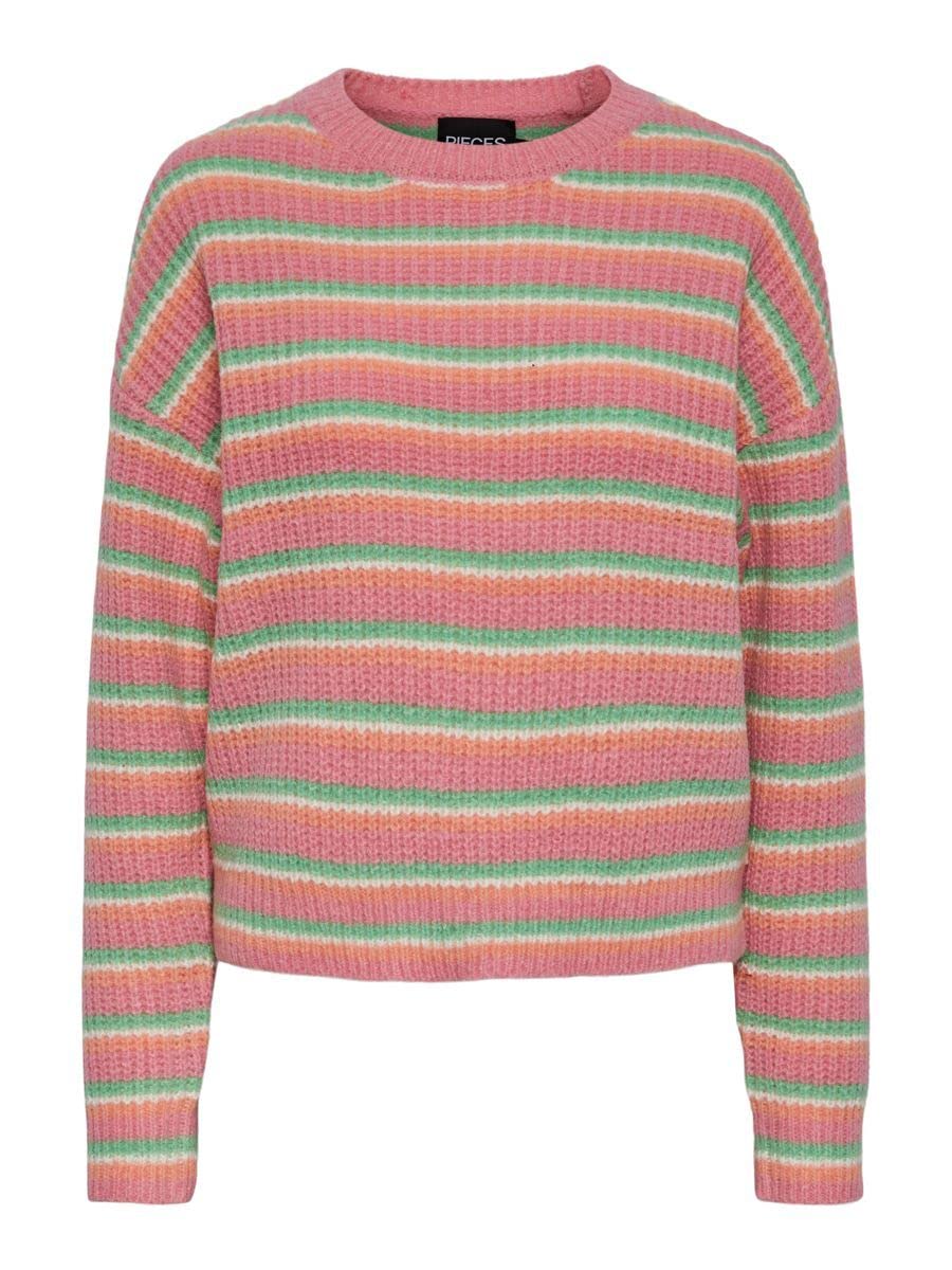 PIECES Damen Pcbina Ls O-Neck Knit Bc Strickpullover XS Absinthe Green/Stripes:cdan-desf-mrng, XS Ab
