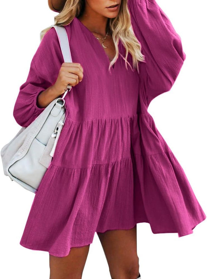 FANCYINN Damen Cute Shift Kleid mit Taschen Glockenärmel Rüschen Saum V Ausschnitt Lose Swing Tunika