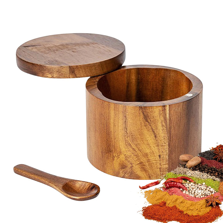 Acacia Holz Salzdose, Salzbehälter mit Deckel Holz, Schwenkdeckel, Salztopf mit Deckel und Löffel, G