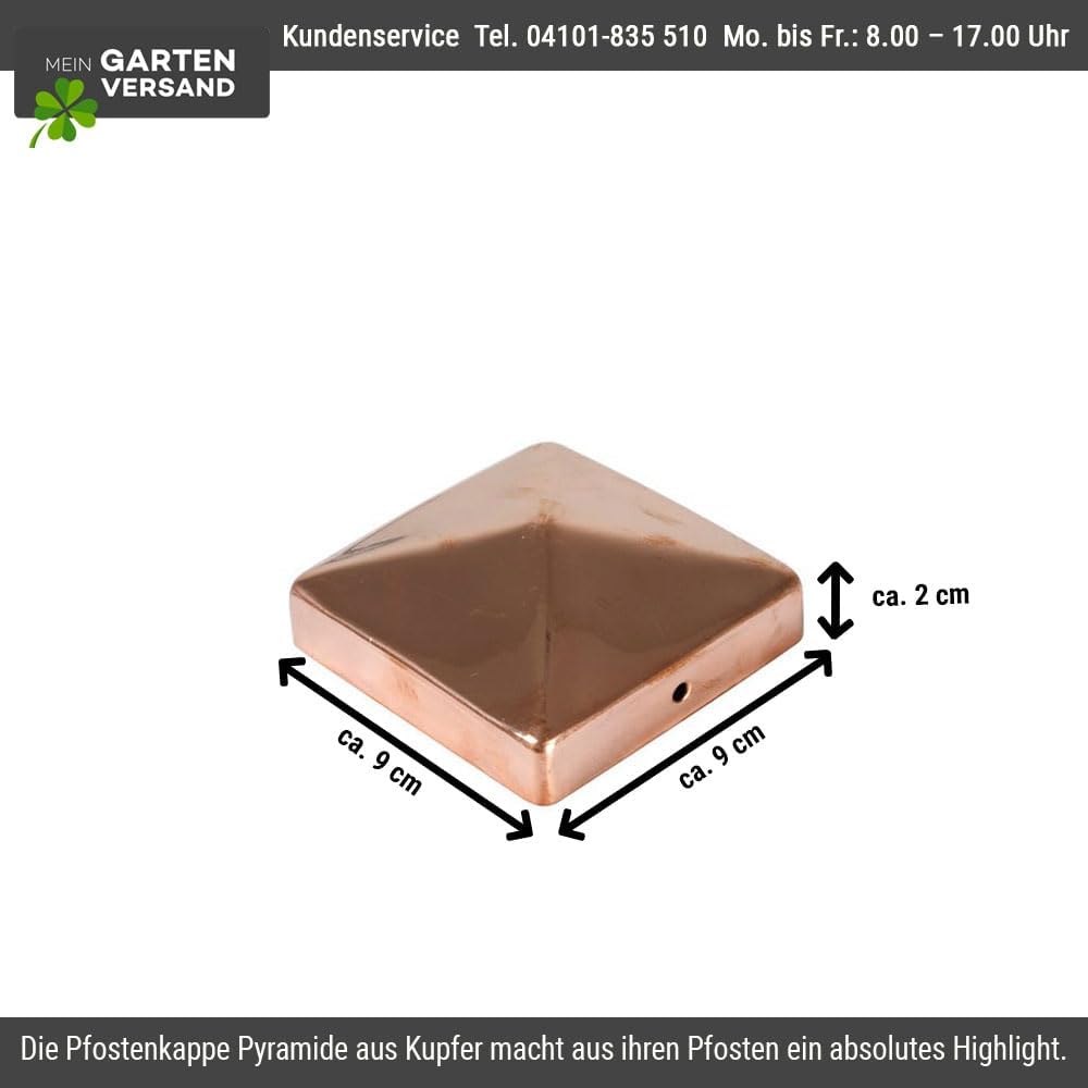 10er Set Pfostenkappe Kupfer | Form: Pyramide | im Mass 9x9 (9,1x9,1) cm eckig | aus Kupfer, poliert