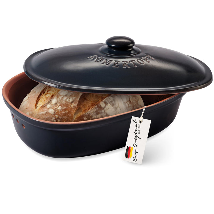 Römertopf Brottopf oval MEDI 2,3 Liter - Brotkasten Schwarz aus Keramik - Atmungsaktiver Tontopf für