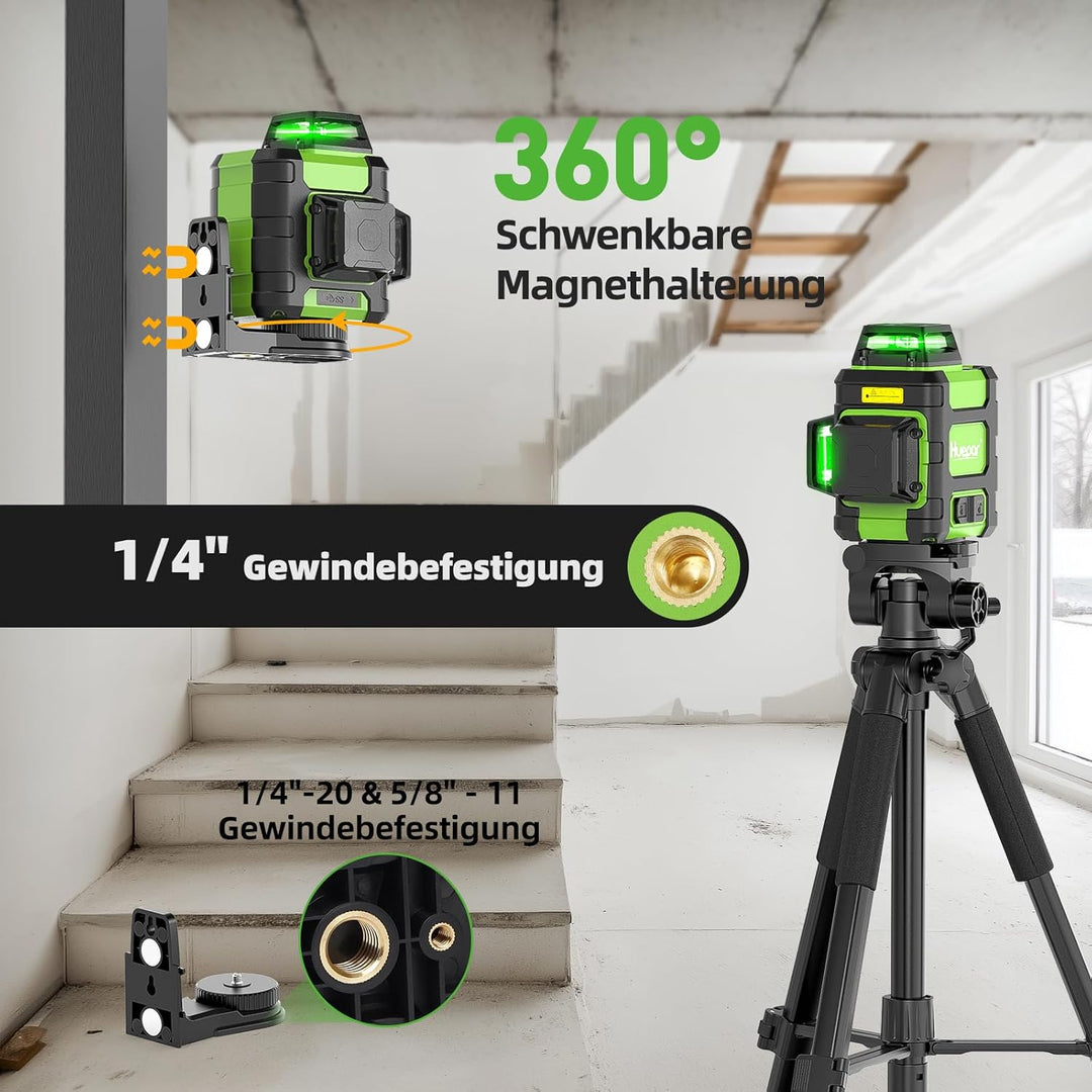 Huepar Kreuzlinienlaser 360 grün, selbstnivellierend, wiederaufladbar, Laser Wasserwaage 3x360°, 3D-