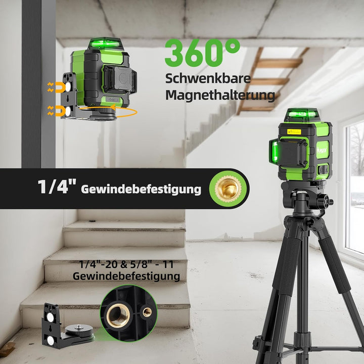 Huepar Kreuzlinienlaser 360 grün, selbstnivellierend, wiederaufladbar, Laser Wasserwaage 3x360°, 3D-