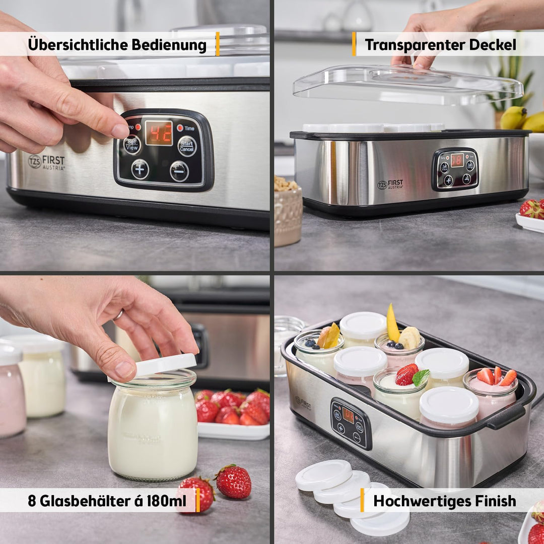 TZS First Austria elektischer Joghurtbereiter, Joghurt Maker, 30 W, 8 Gläser, 190 ml, LCD-Display, T