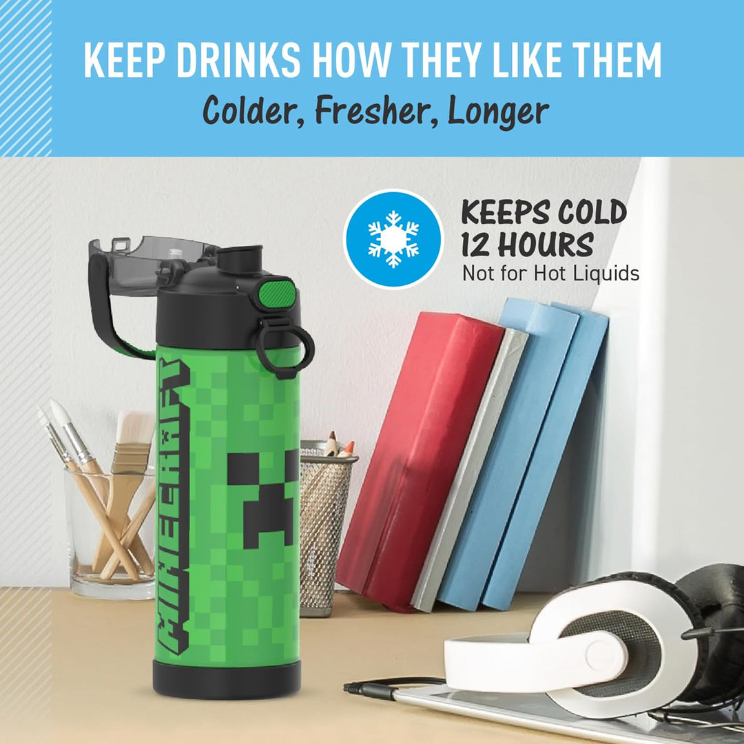 THERMOS Funtainer Edelstahl-Vakuum-Isolierflasche mit breitem Auslaufdeckel, 473 ml, Minecraft Minec